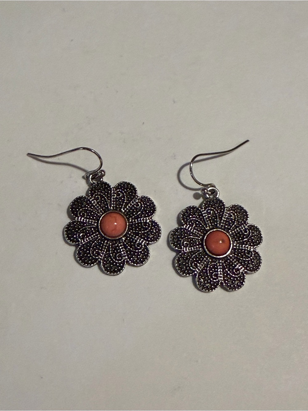 Silver Floral Drop Earrings with Coral Center